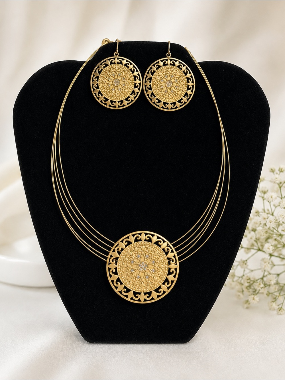 Elegant Gold-Tone Filigree Necklace & Matching Earrings Set